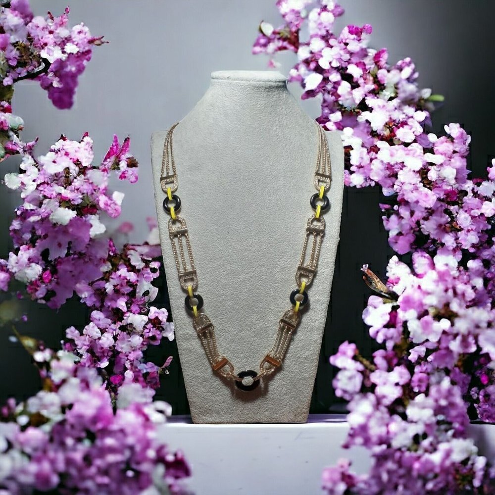 Mark. signed Necklace Long Gold-Tone Rhinestone Enamled Mixed Materials 28"